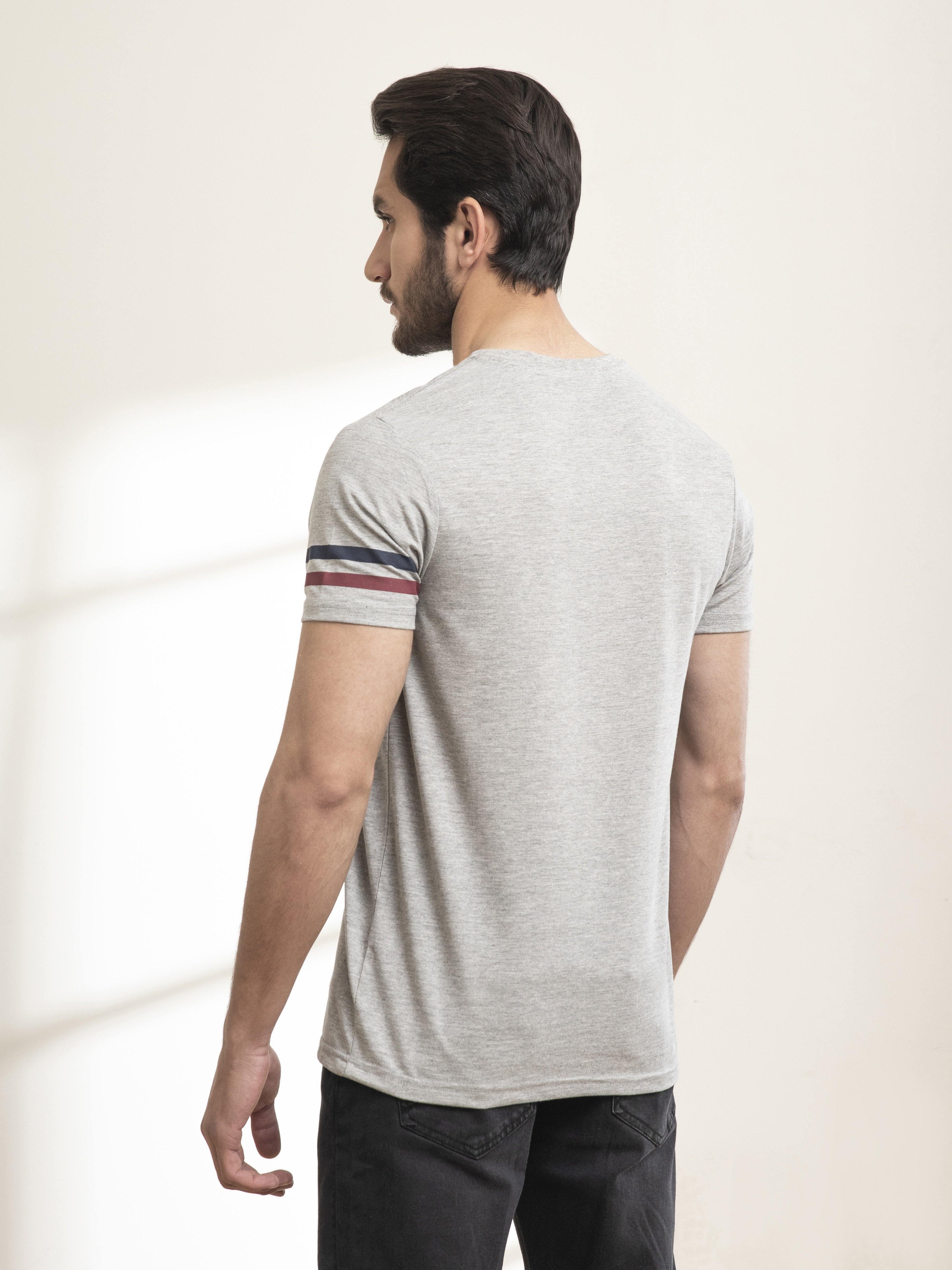 T SHIRT ROUND NECK STRIPS COKE GREY HEATHER at Charcoal Clothing