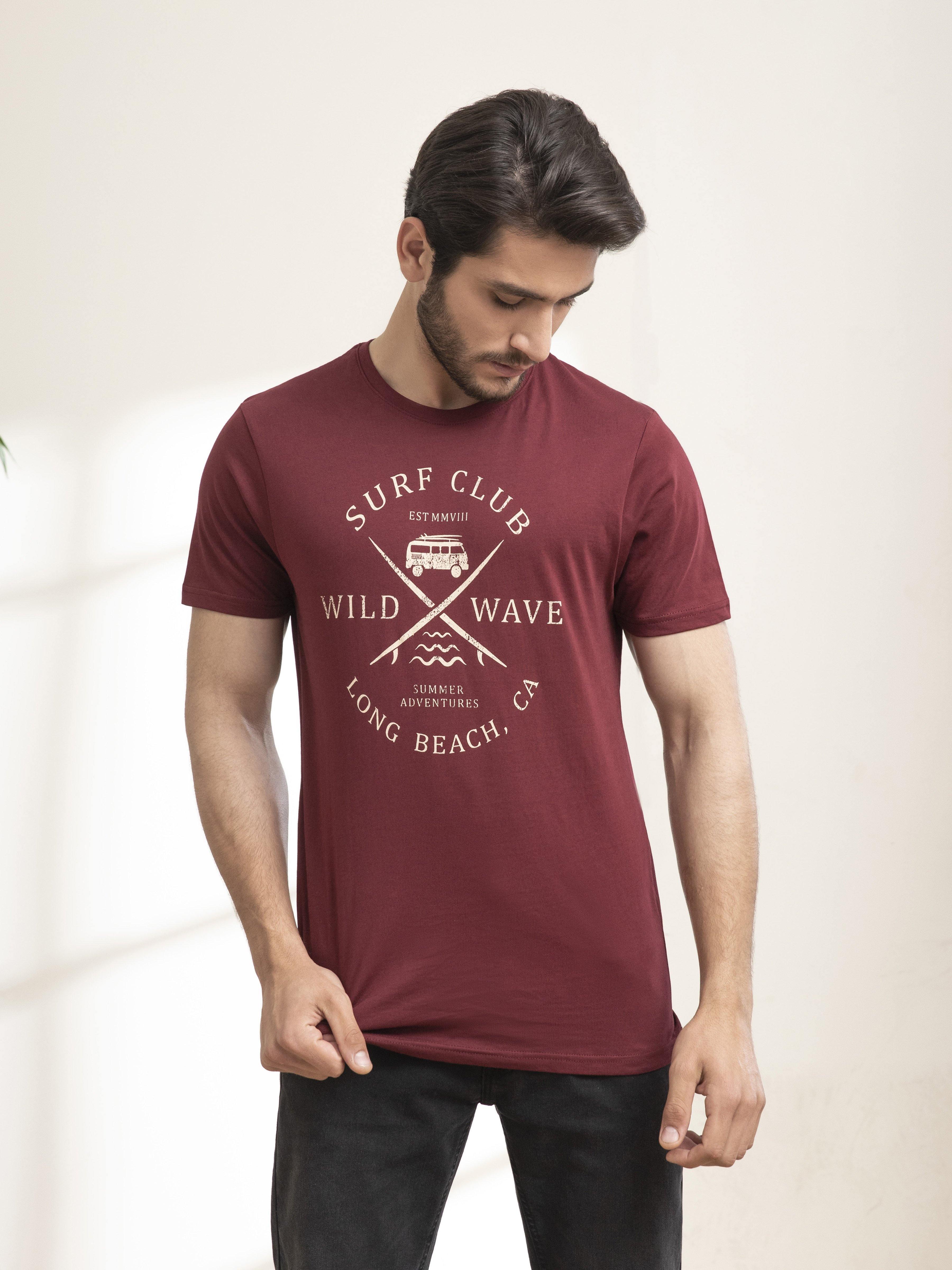 T SHIRT ROUND NECK SURF CLUB MAROON at Charcoal Clothing