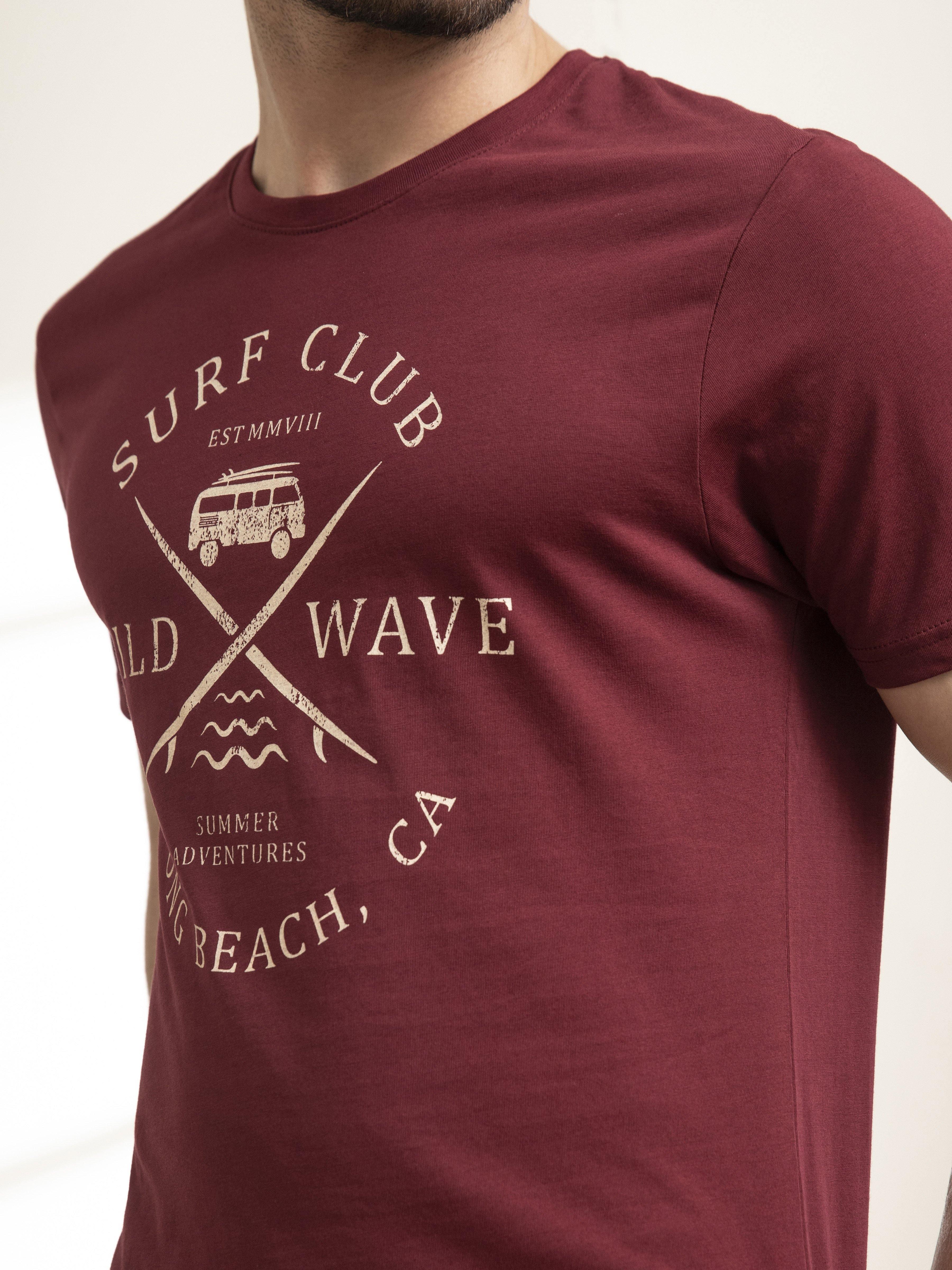 T SHIRT ROUND NECK SURF CLUB MAROON at Charcoal Clothing