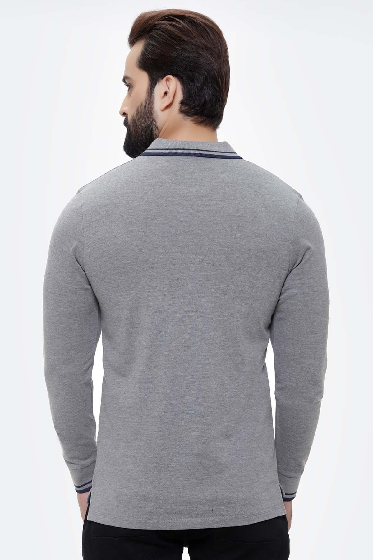 T SHIRT TIPPING COLLAR  FULL SLEEVE GREY at Charcoal Clothing