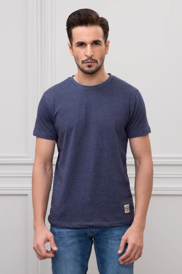 TEXTURED T SHIRT ROUND NECK BLUE at Charcoal Clothing