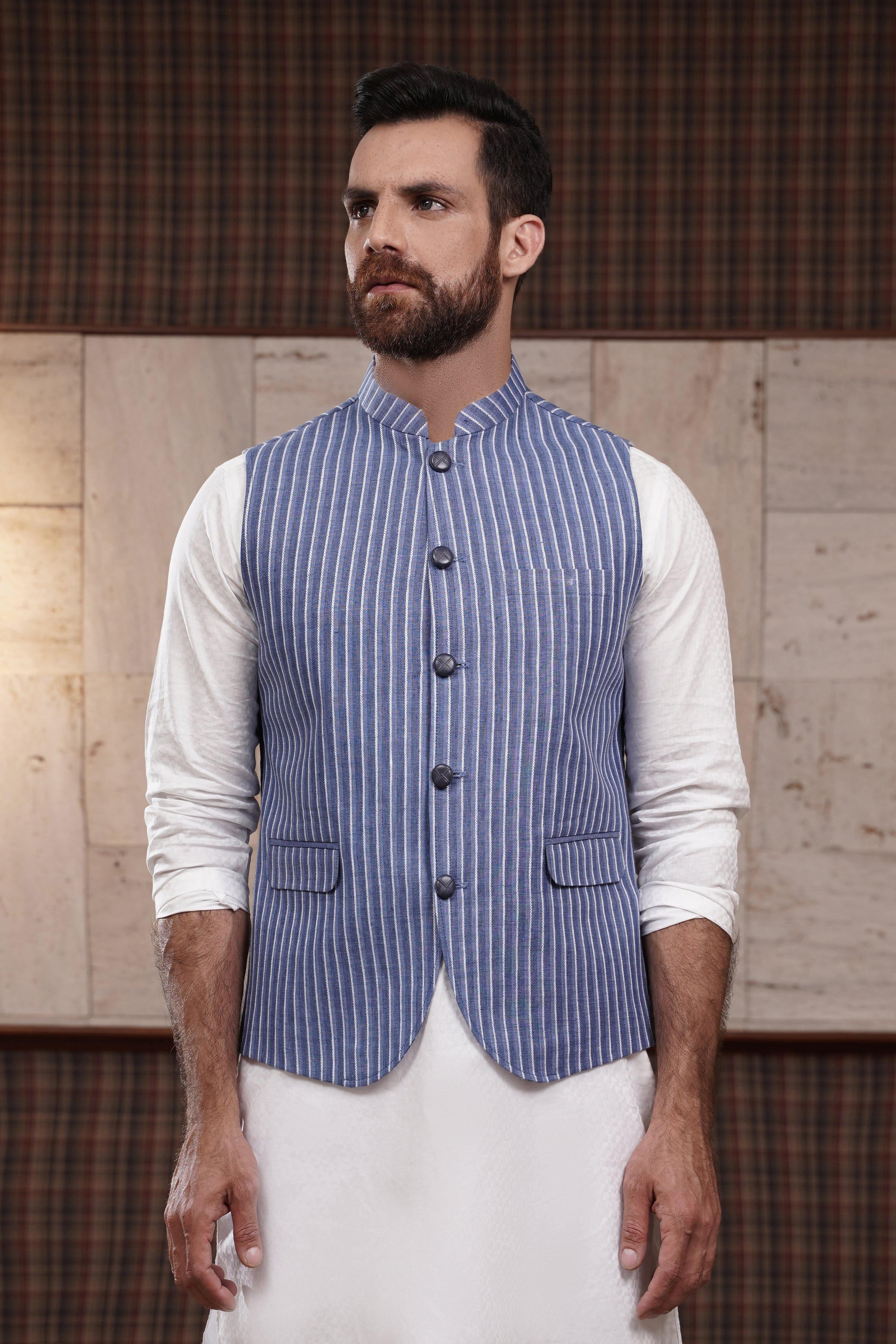 WAIST COAT BLUE WHITE LINE at Charcoal Clothing