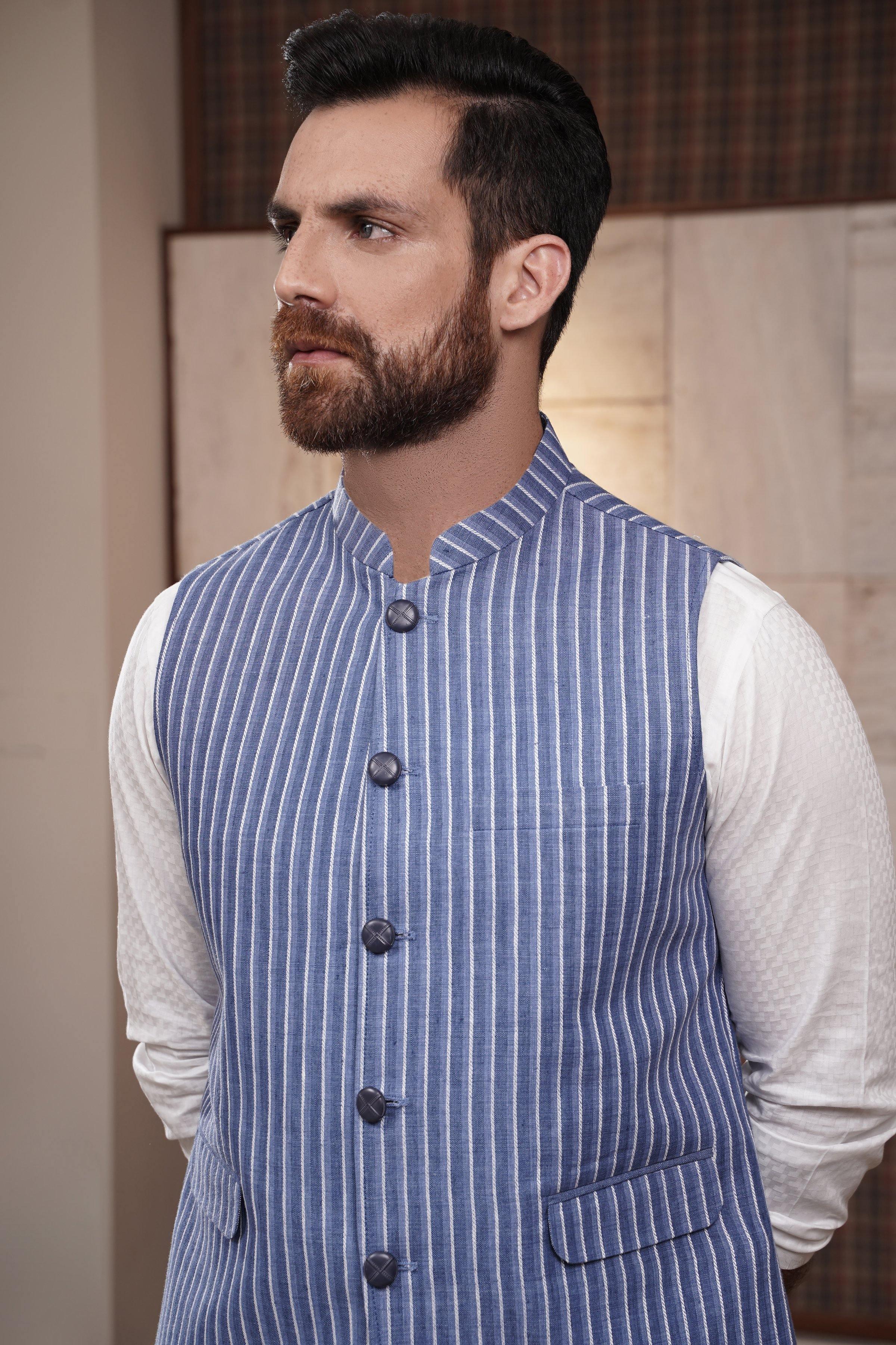 WAIST COAT BLUE WHITE LINE Charcoal Clothing