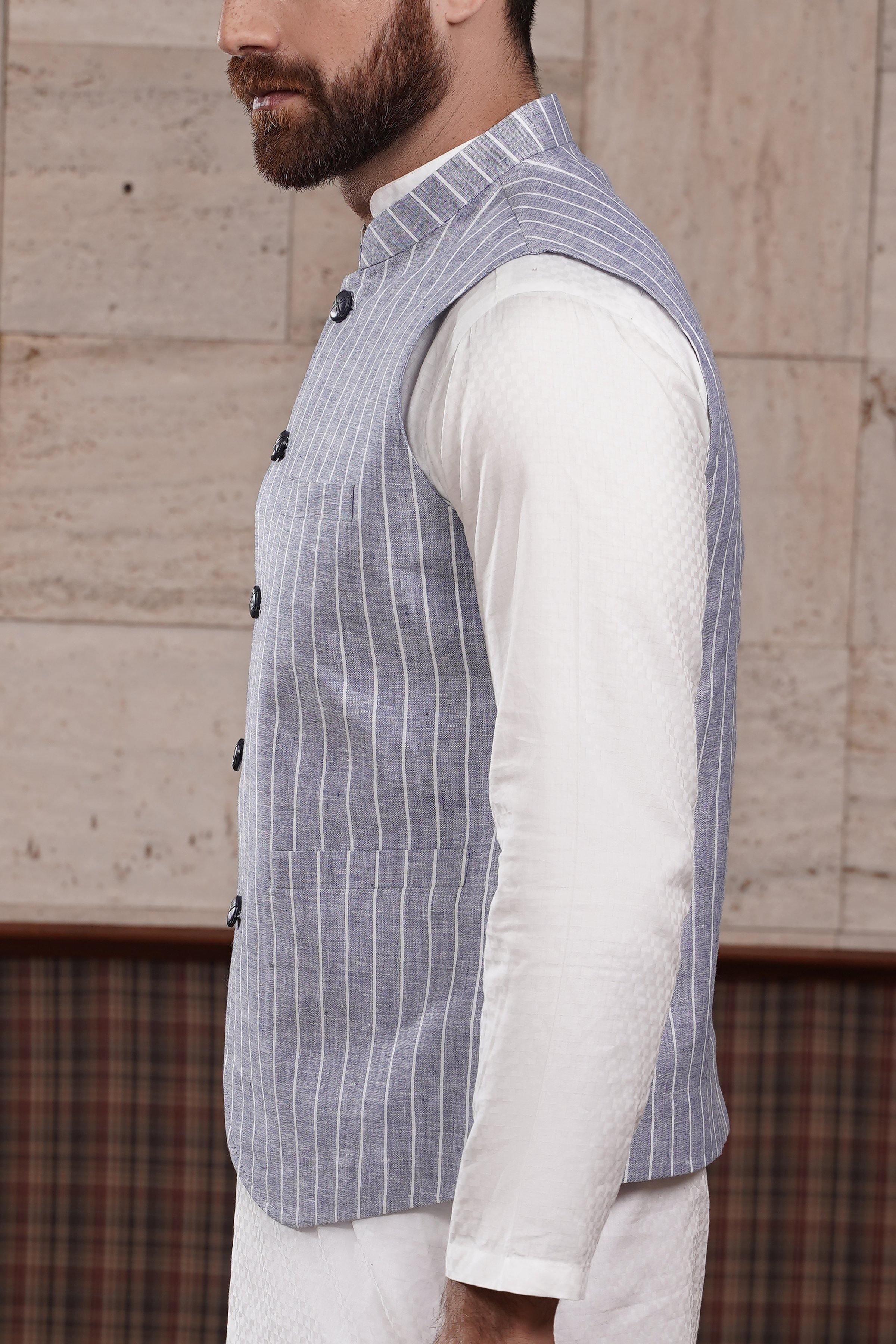 WAIST COAT BLUE WHITE LINE at Charcoal Clothing