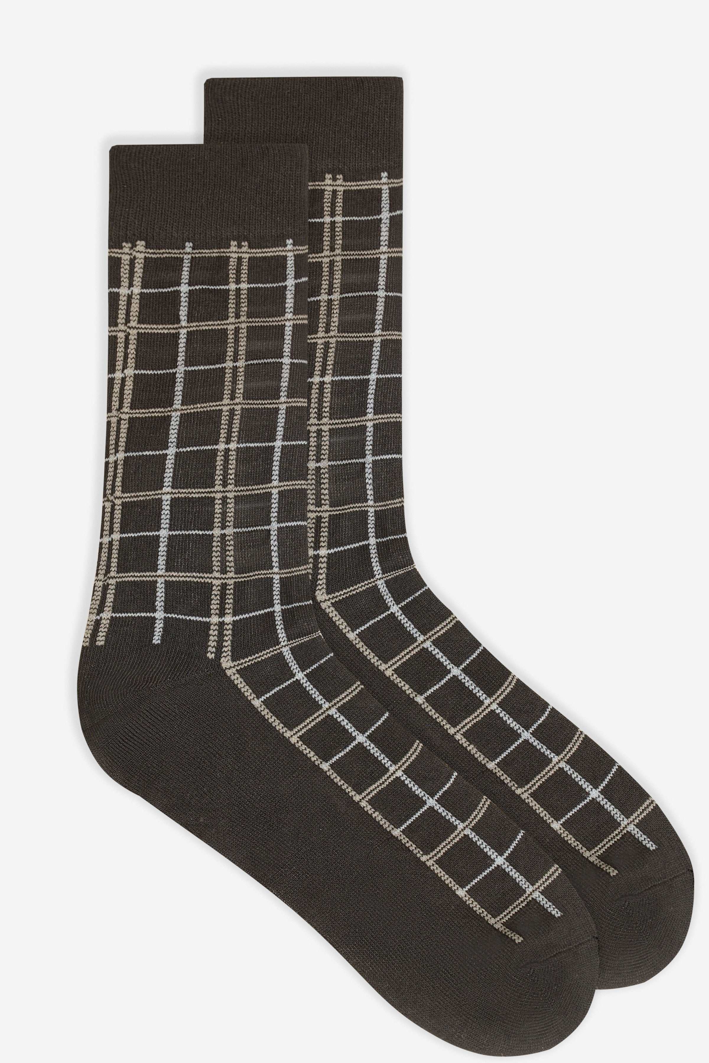 Dark wool socks, crew length, plaid grid design