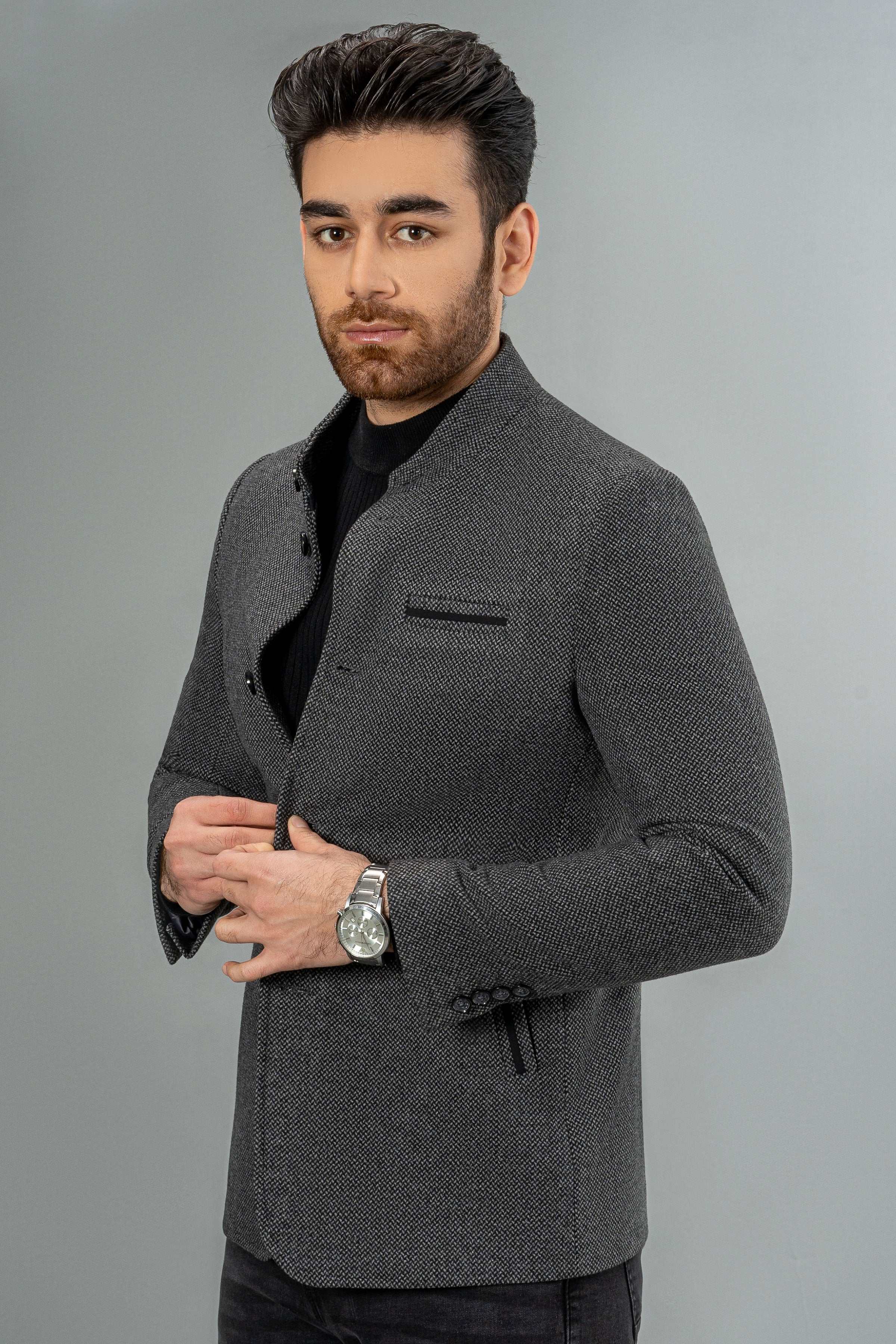 Shop WOOLEN CASUAL COAT BLACK For Men Online - Main Image