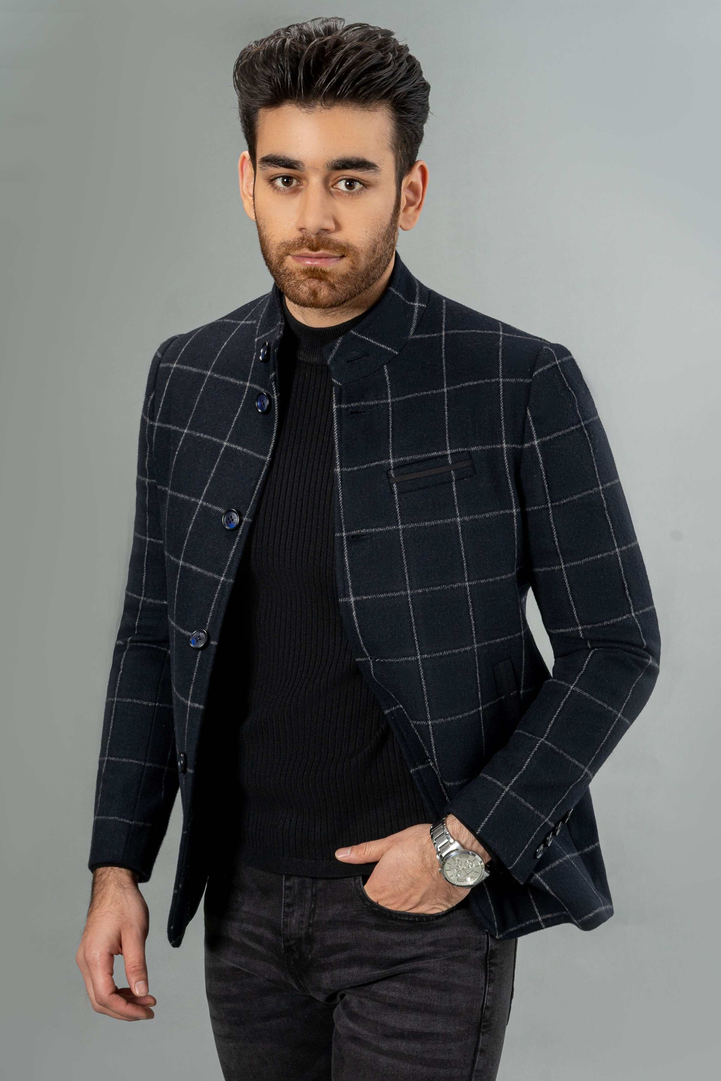 WOOLEN CASUAL COAT NAVY CHECK at Charcoal Clothing