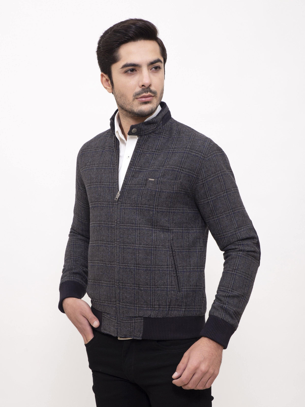 Shop WOOLEN JACKET RIB BAN FULL SLEEVE GREY BLACK For Men Online