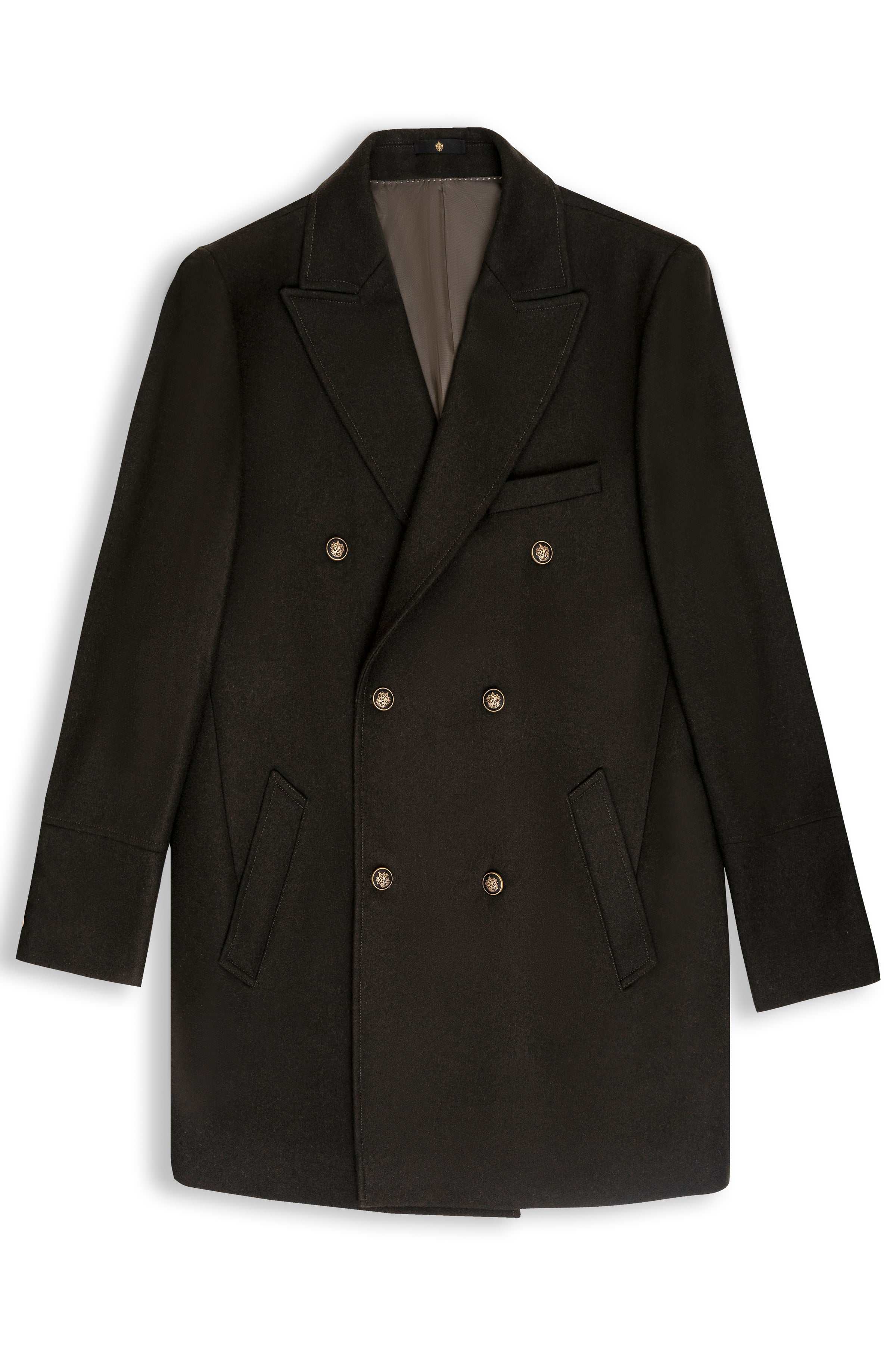 WOOLEN LONG COAT DOUBLE BREASTED DARK OLIVE at Charcoal Clothing