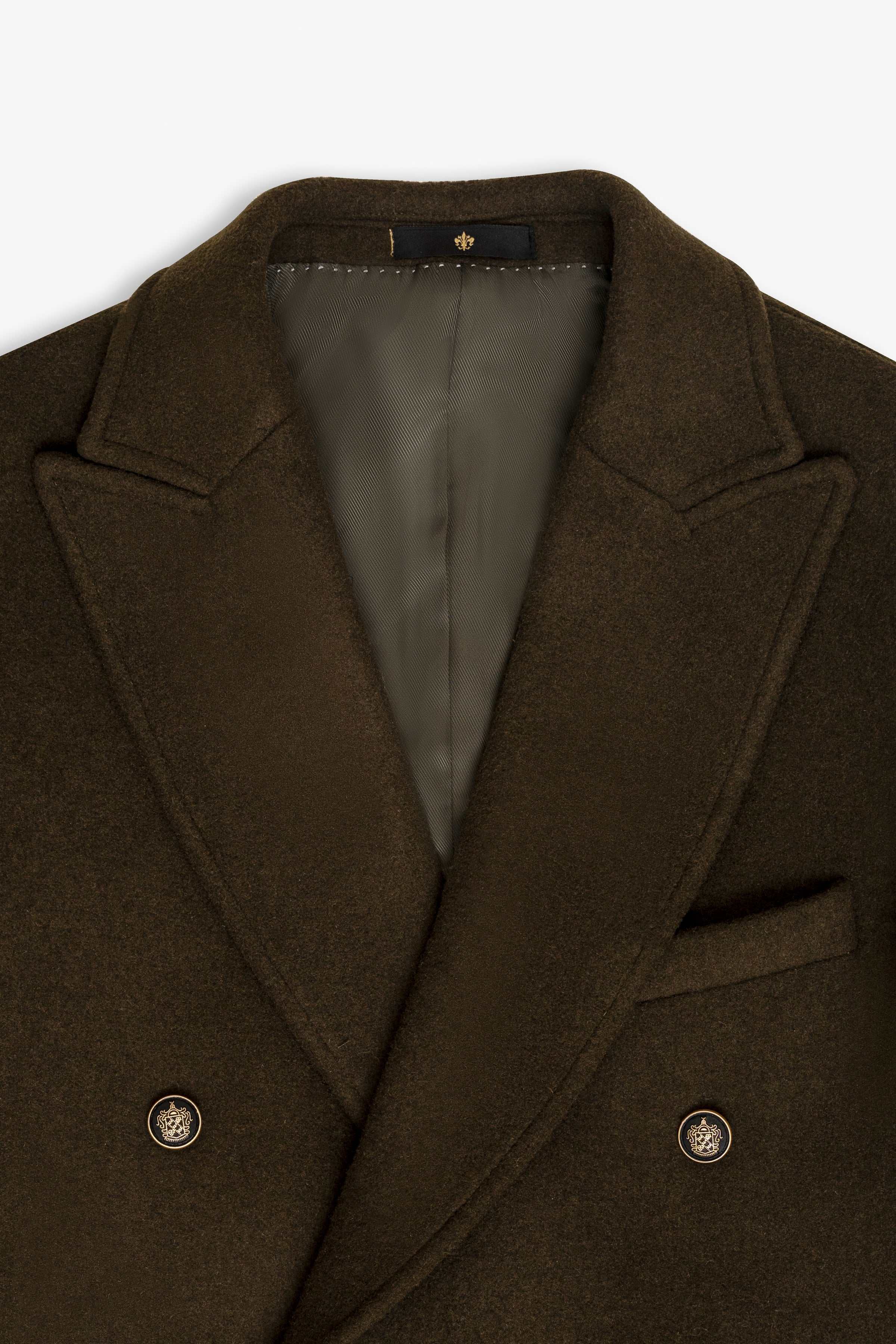 WOOLEN LONG COAT DOUBLE BREASTED OLIVE at Charcoal Clothing