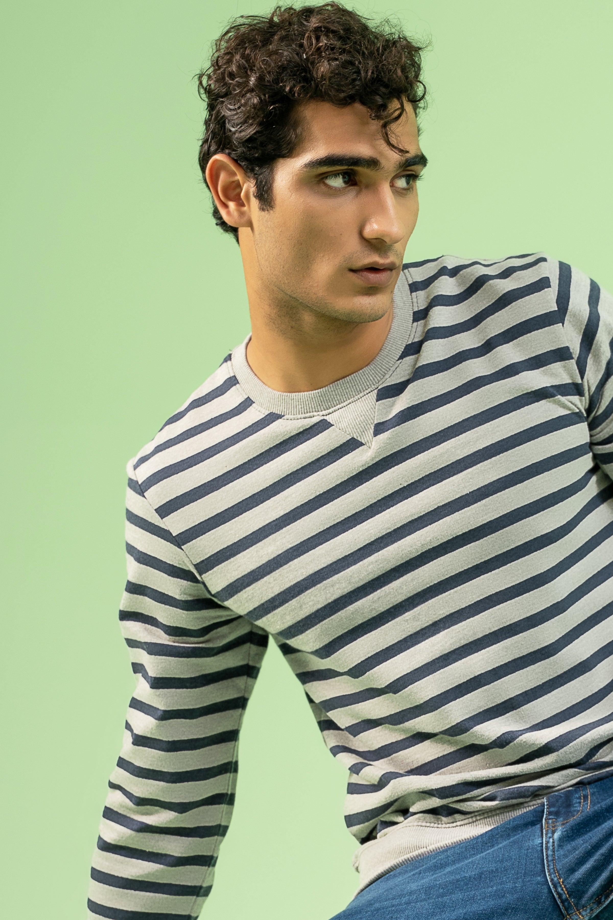 YARN DYED TERRY SWEAT SHIRT GREY NAVY at Charcoal Clothing